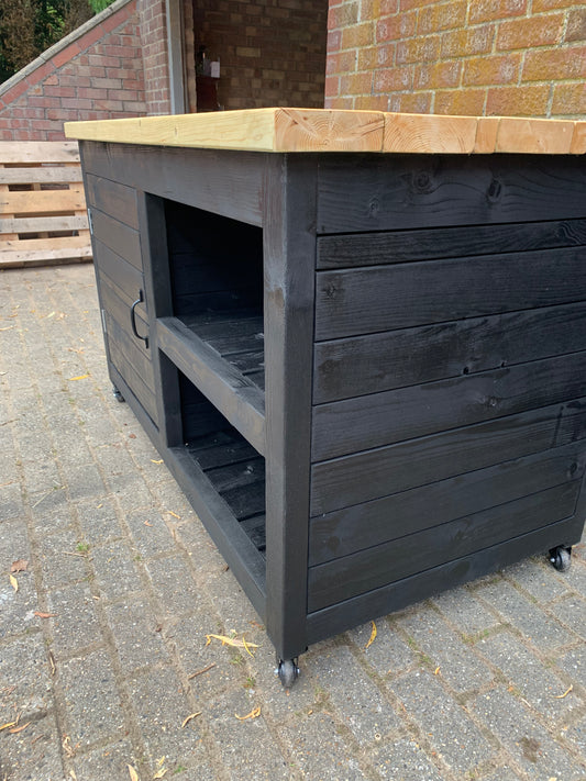 Large BBQ table with cupboard and double shelf