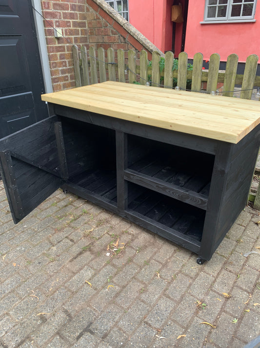 Large BBQ table with cupboard and double shelf